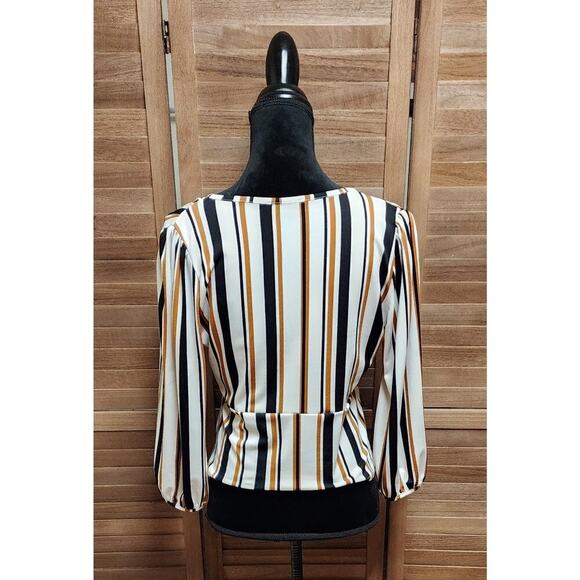 Lavish Womens Striped Balloon Sleeve, Front Tie, Cropped Top Size Medium Blouse - Picture 6 of 7
